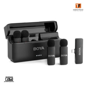 Micrófono de solapa inalámbrico BOYA BY-V4U para iPhone 15/16 (tipo C) con estuche de carga, salida mono de 4 canales y micrófono de solapa omnidireccional con cancelación de ruido para grabación de video y podcast.