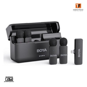 Micrófono de solapa inalámbrico BOYA BY-V4D para iPhone y iPad con estuche de carga, batería de 18 horas de duración, alcance de 200 m, micrófono de solapa omnidireccional de 4 canales con cancelación de ruido para grabación de video, entrevistas y vlogs.