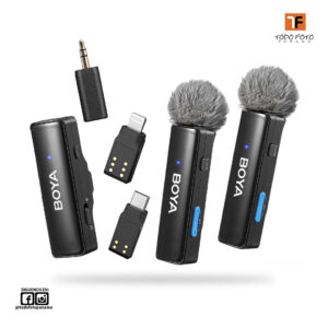 BOYA BY-BOYALINK A2 - Kit de micrófono inalámbrico con conectores USB tipo C, Lightning, TRS de 3,5 mm y con estuche de carga